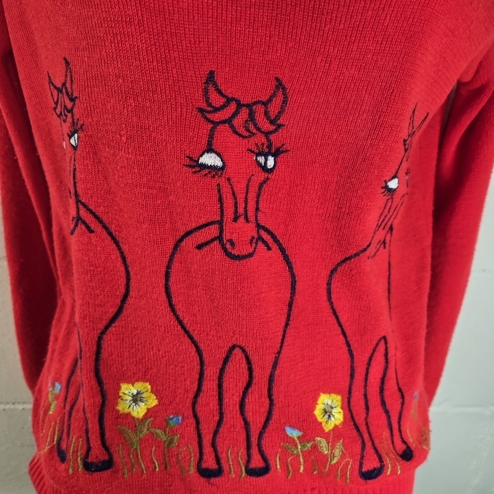 Vtg 70s red embroidered novelty equestrian cute horses v neck sweater reed hill - Picture 11 of 11